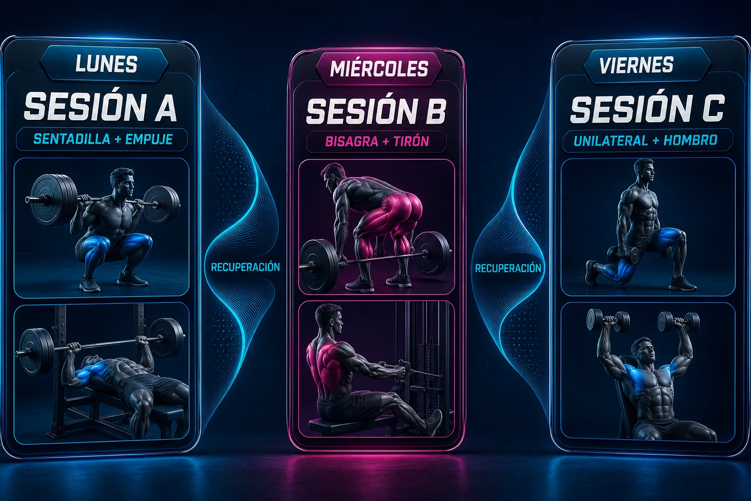 Distribución semanal Full Body A, B y C en tres días no consecutivos