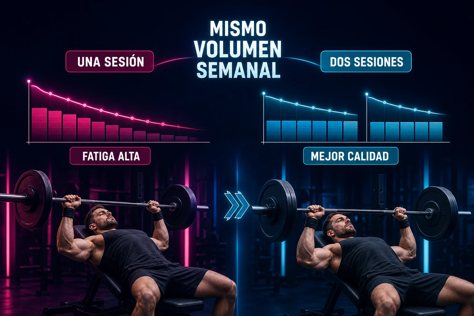 Mismo volumen semanal repartido en dos sesiones para mejorar calidad y controlar la fatiga