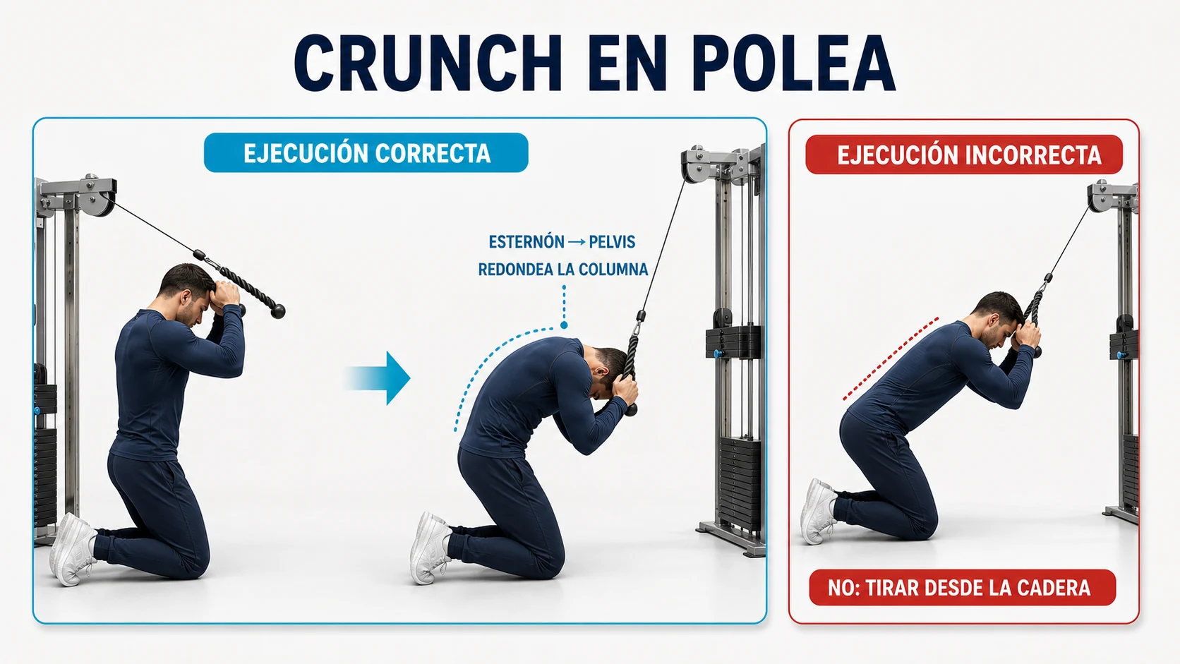 Técnica correcta del crunch en polea flexionando la columna y acercando el esternón a la pelvis
