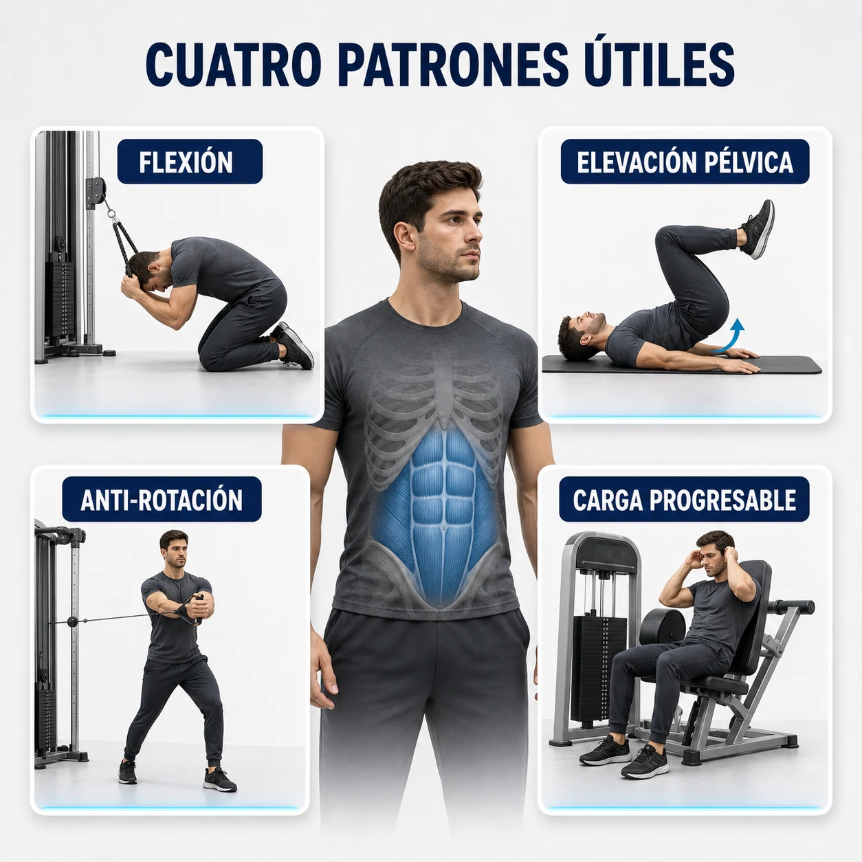 Cuatro patrones útiles para entrenar el abdomen con flexión, elevación pélvica, anti-rotación y carga