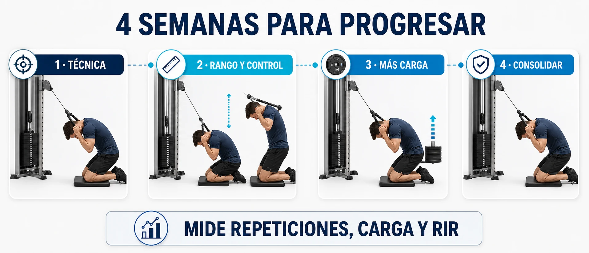 Progresión de cuatro semanas para mejorar técnica, rango, control y carga en abdominales