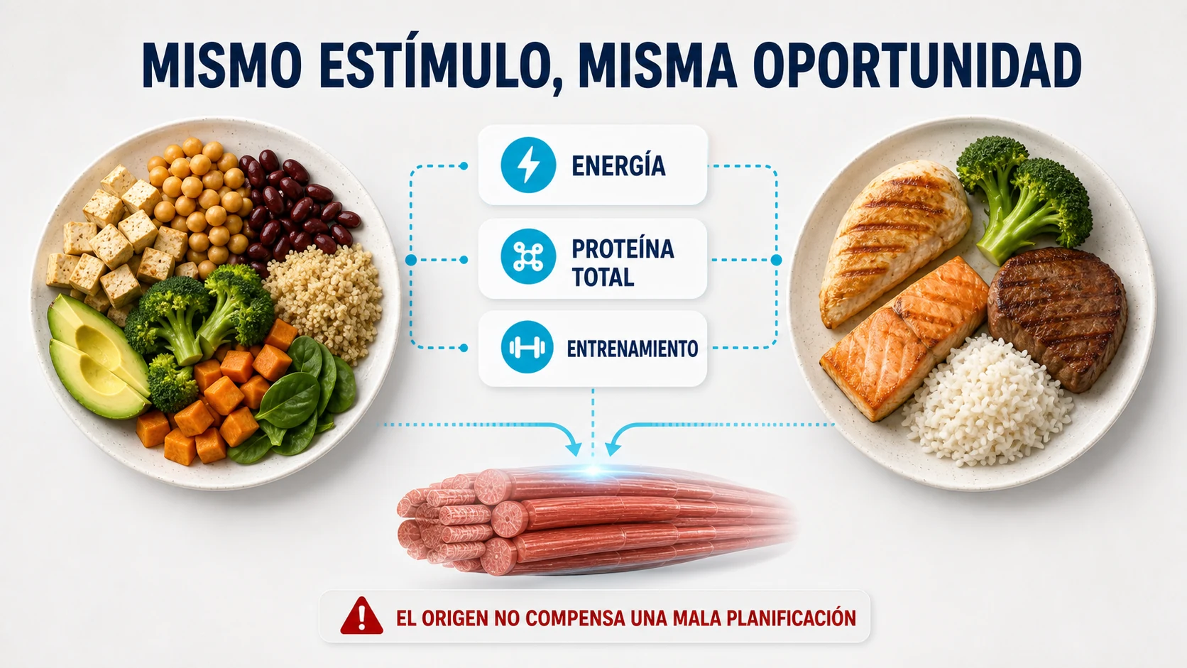 Dieta vegetal y omnívora con energía, proteína y entrenamiento equivalentes para ganar músculo