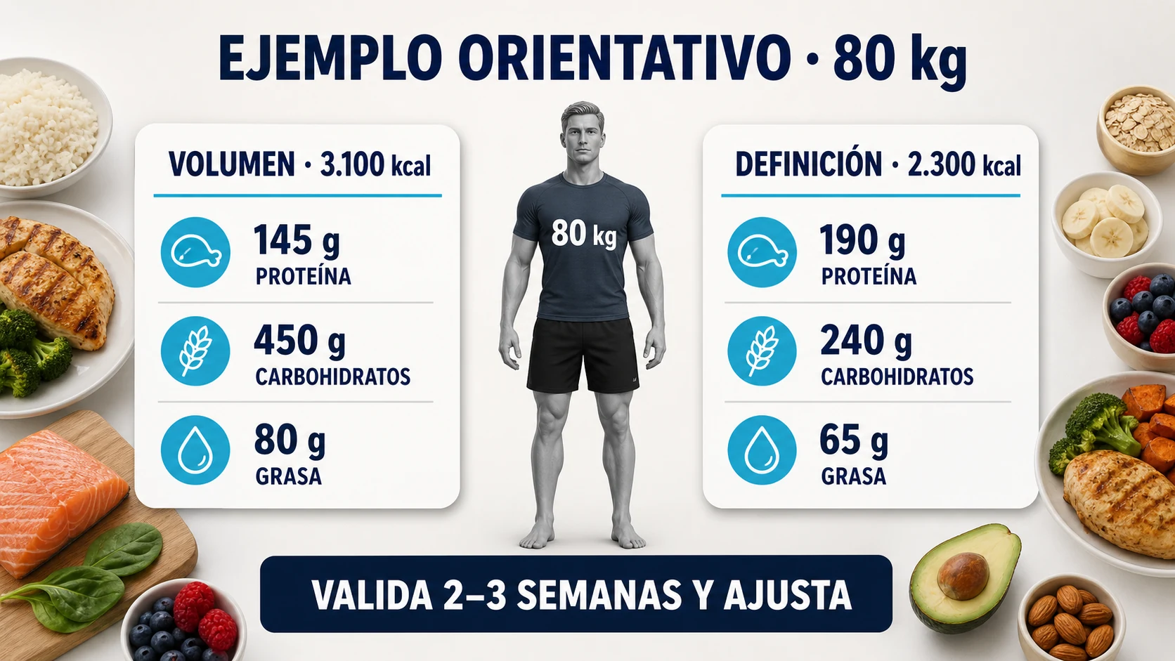 Ejemplo orientativo de calorías y macronutrientes para un culturista de 80 kg