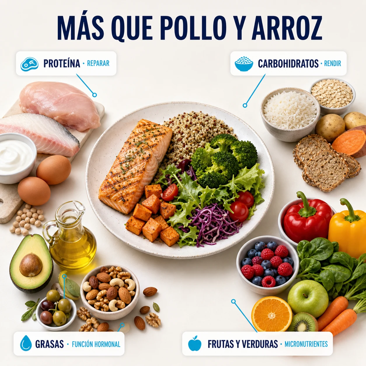 Proteínas, carbohidratos, grasas, frutas y verduras en una dieta culturista