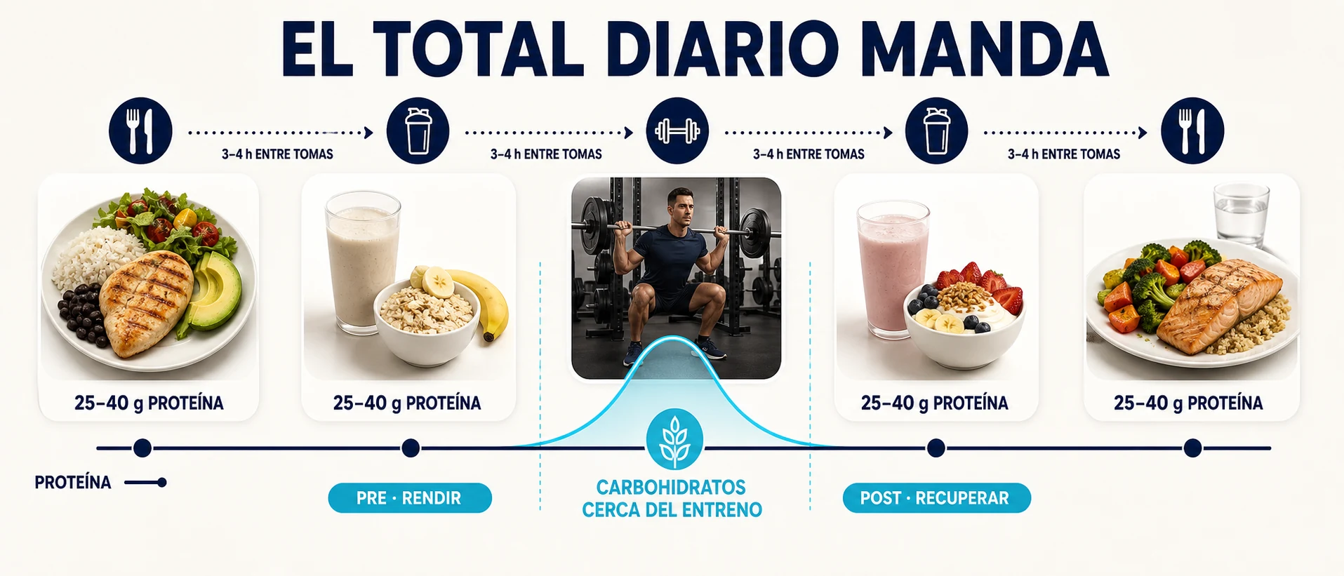 Distribución de proteína y carbohidratos antes y después del entrenamiento