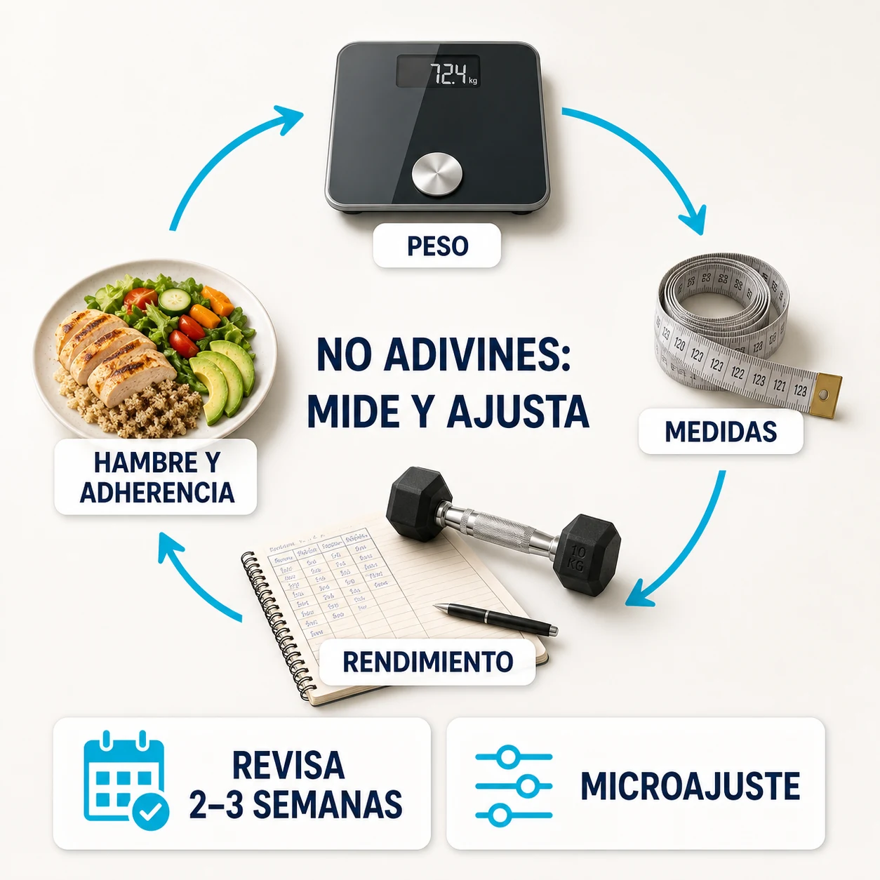 Ciclo de seguimiento de peso, medidas, rendimiento, hambre y adherencia