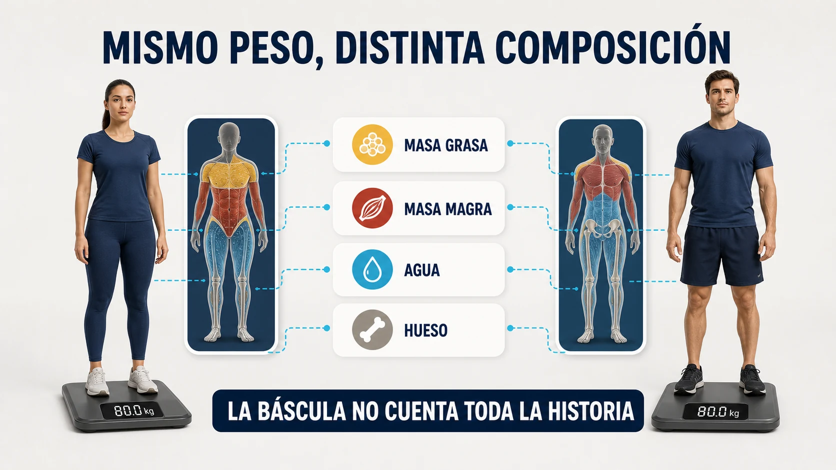 Dos personas con el mismo peso y distinta proporción de grasa, masa magra, agua y hueso