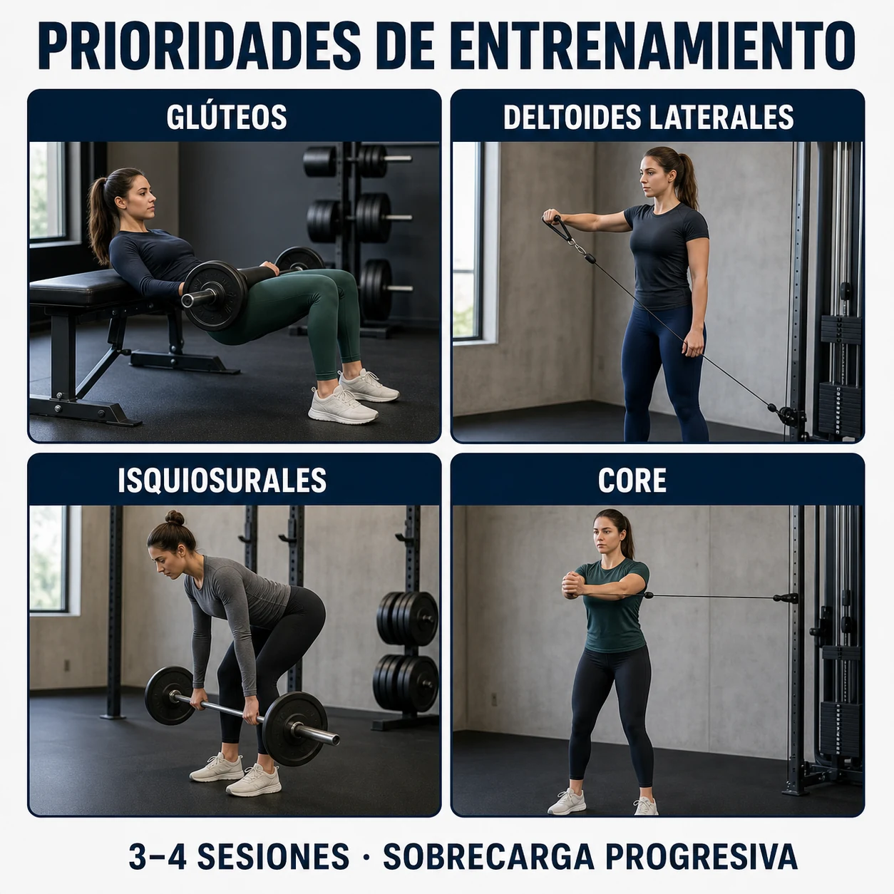 Ejercicios prioritarios para glúteos, deltoides laterales, isquiosurales y core en Bikini Fitness
