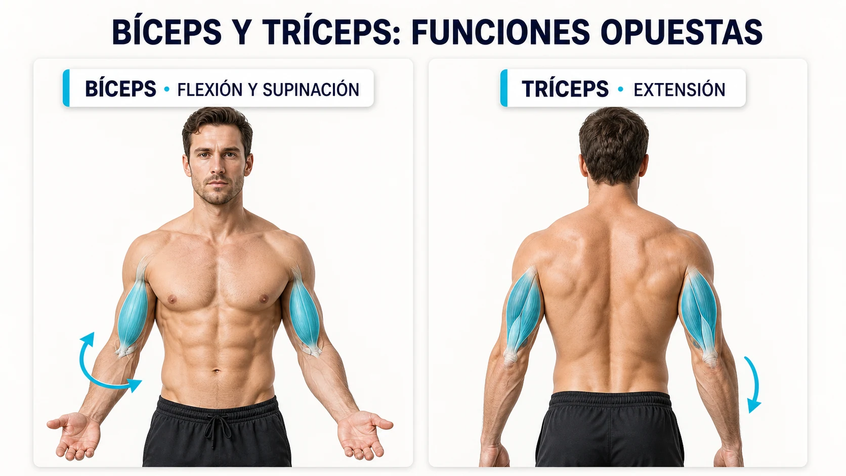 Anatomía y funciones opuestas del bíceps y el tríceps