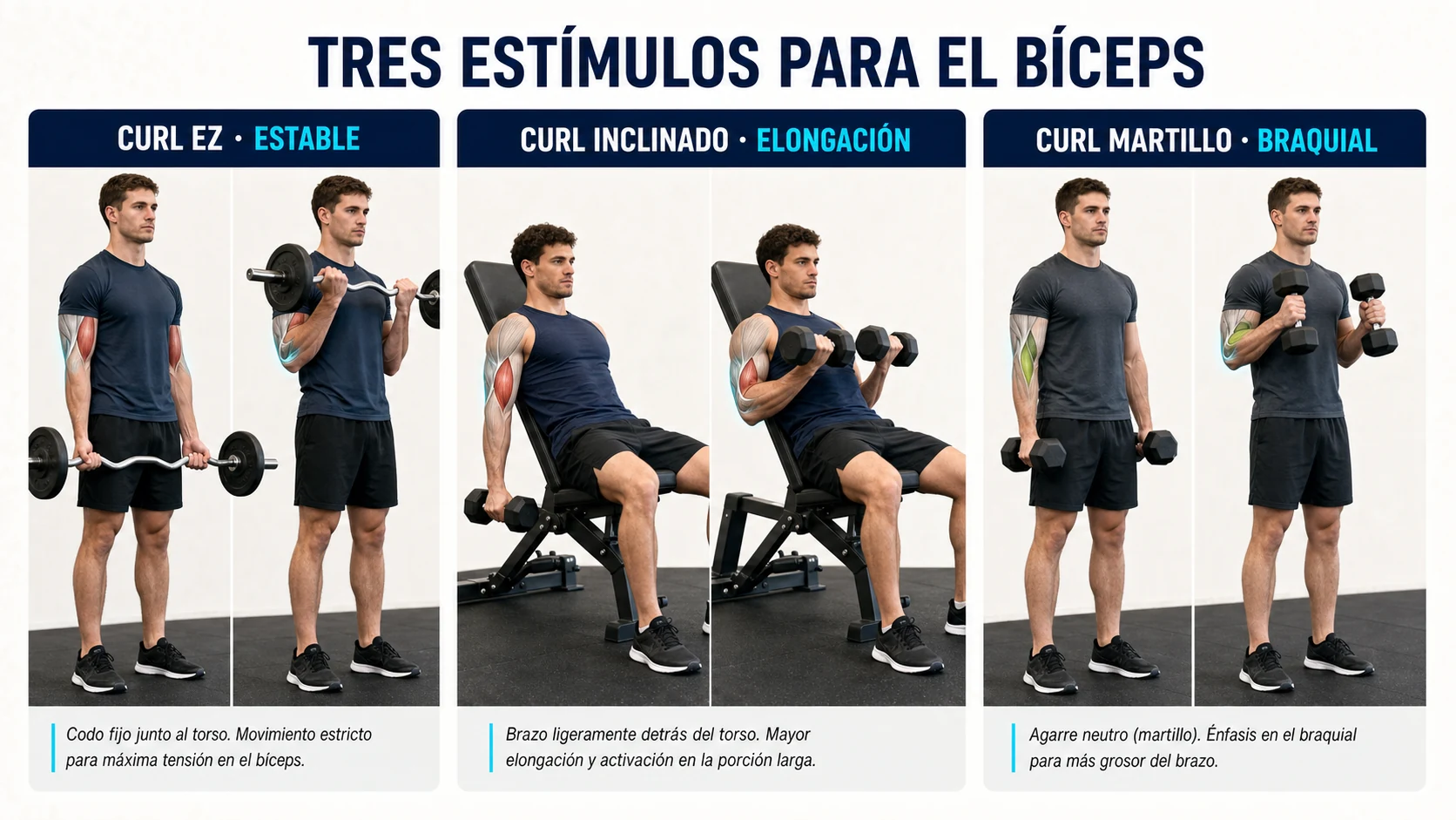 Curl EZ, curl inclinado y curl martillo para estimular el bíceps