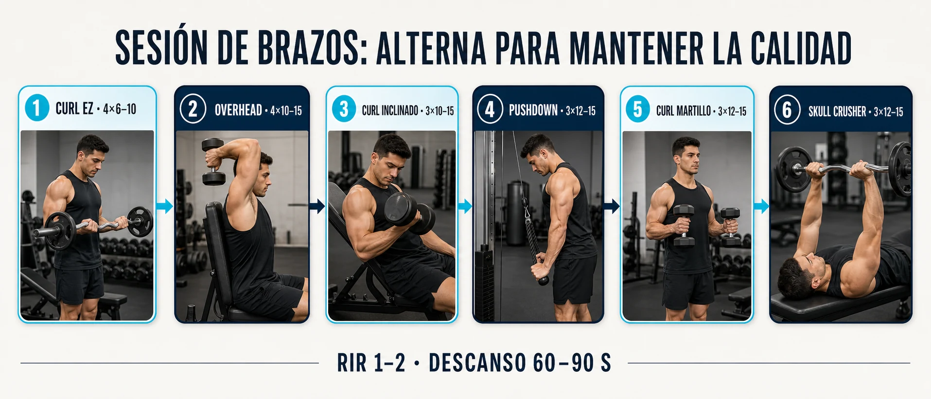 Sesión de brazos alternando ejercicios de bíceps y tríceps