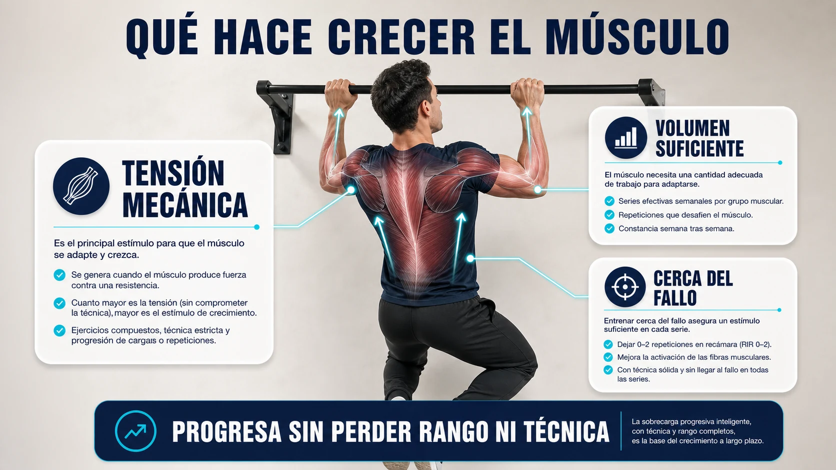 Tensión mecánica, volumen suficiente y proximidad al fallo en calistenia
