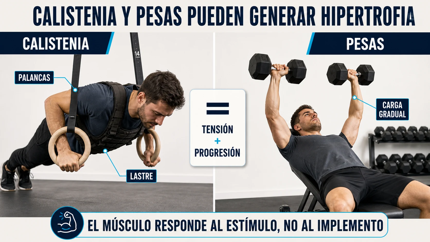 Calistenia y pesas generan hipertrofia mediante tensión y progresión