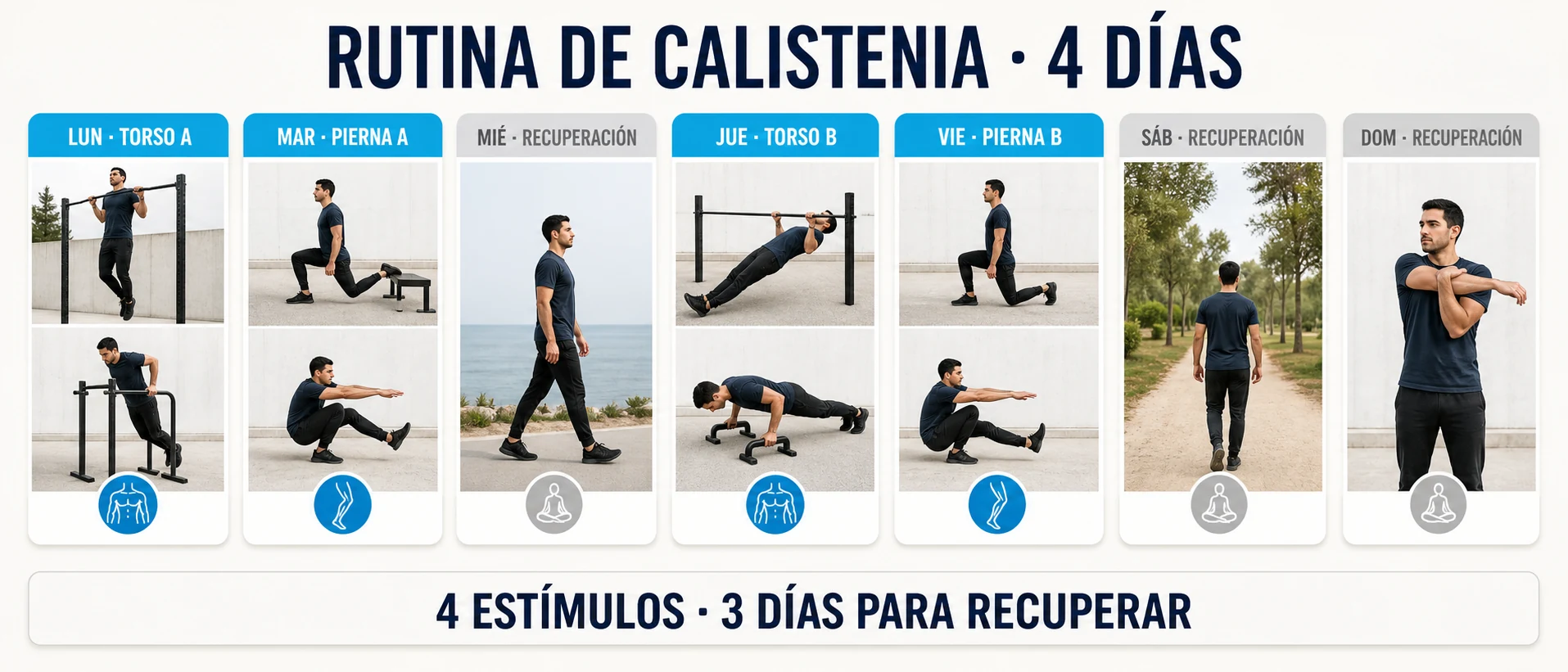 Distribución semanal de cuatro días de calistenia y tres de recuperación