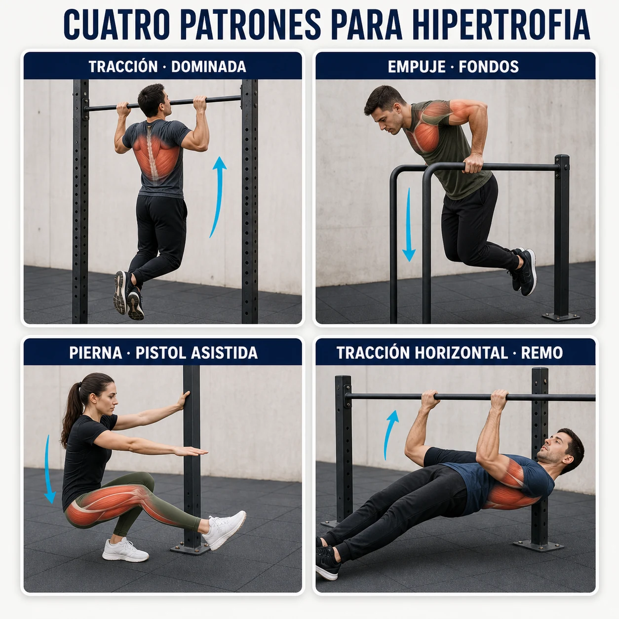 Dominadas, fondos, pistol asistida y remo invertido para hipertrofia