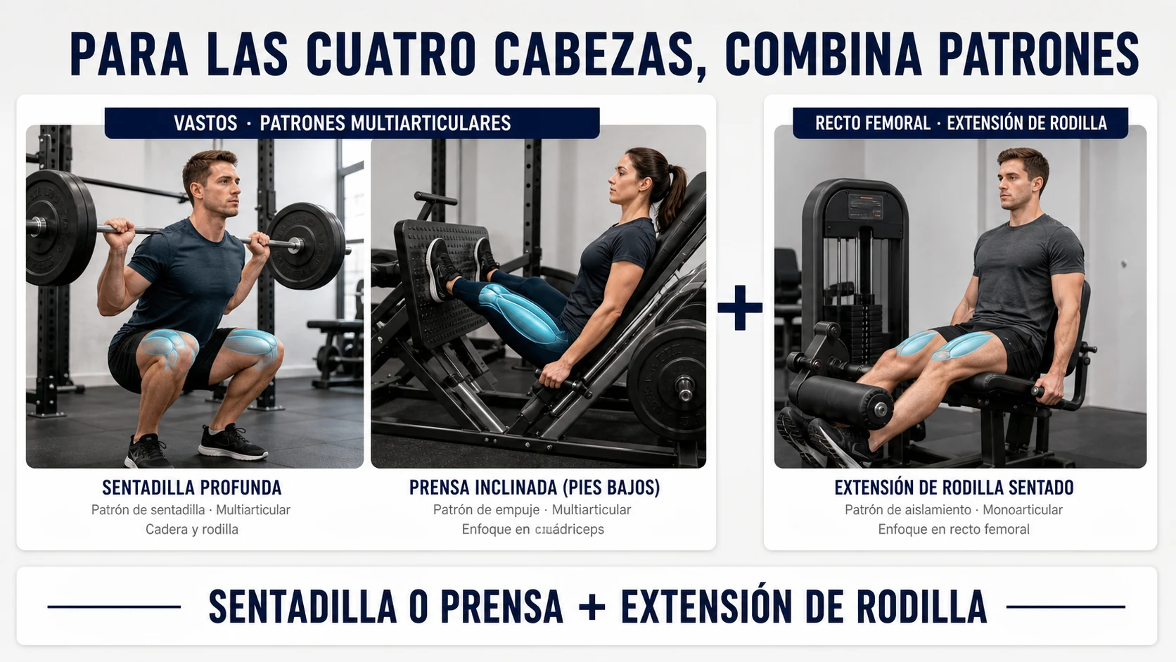 Sentadilla o prensa combinadas con extensión de rodilla para el cuádriceps