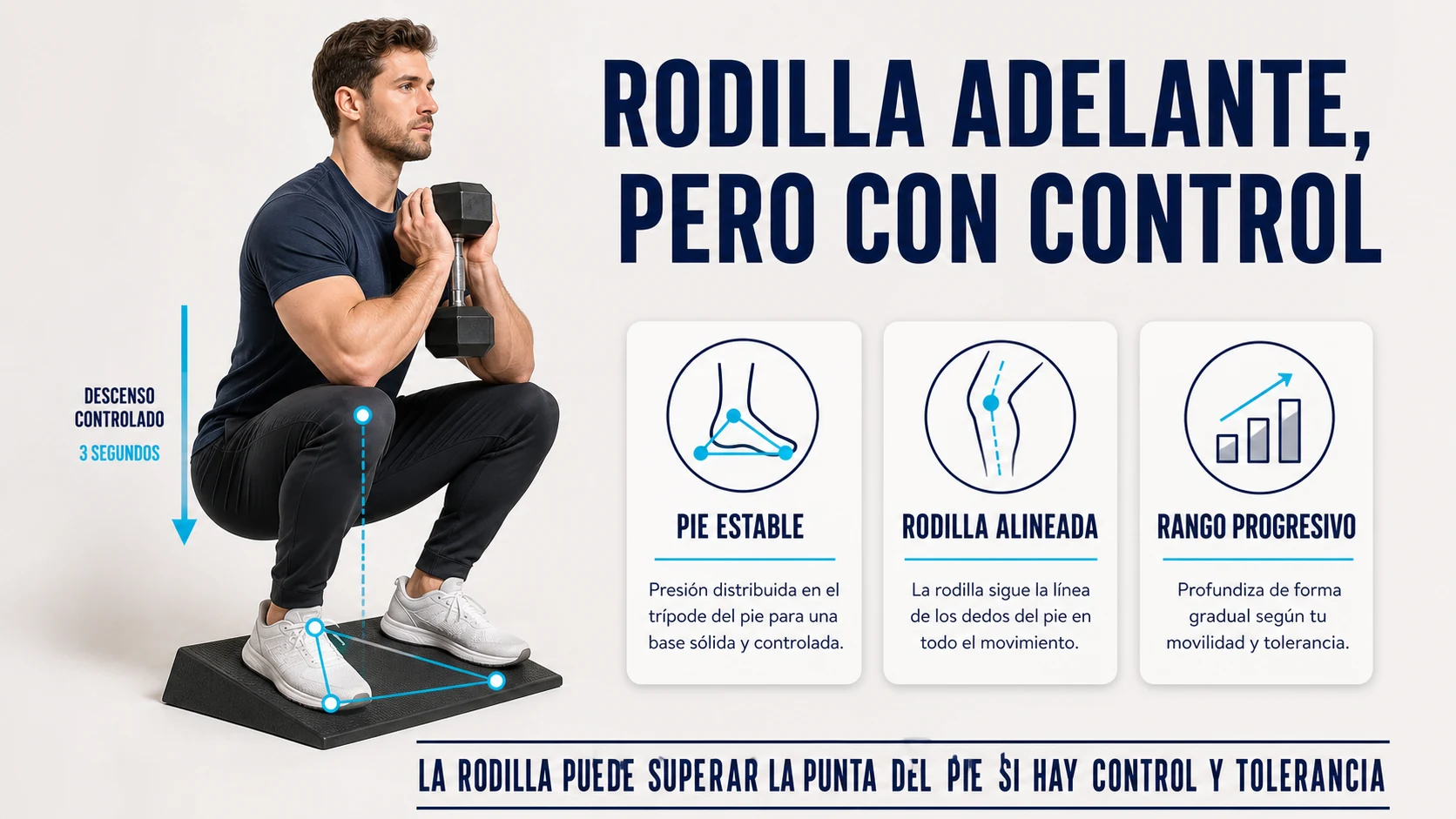 Sentadilla profunda con pie estable, rodilla alineada y rango progresivo