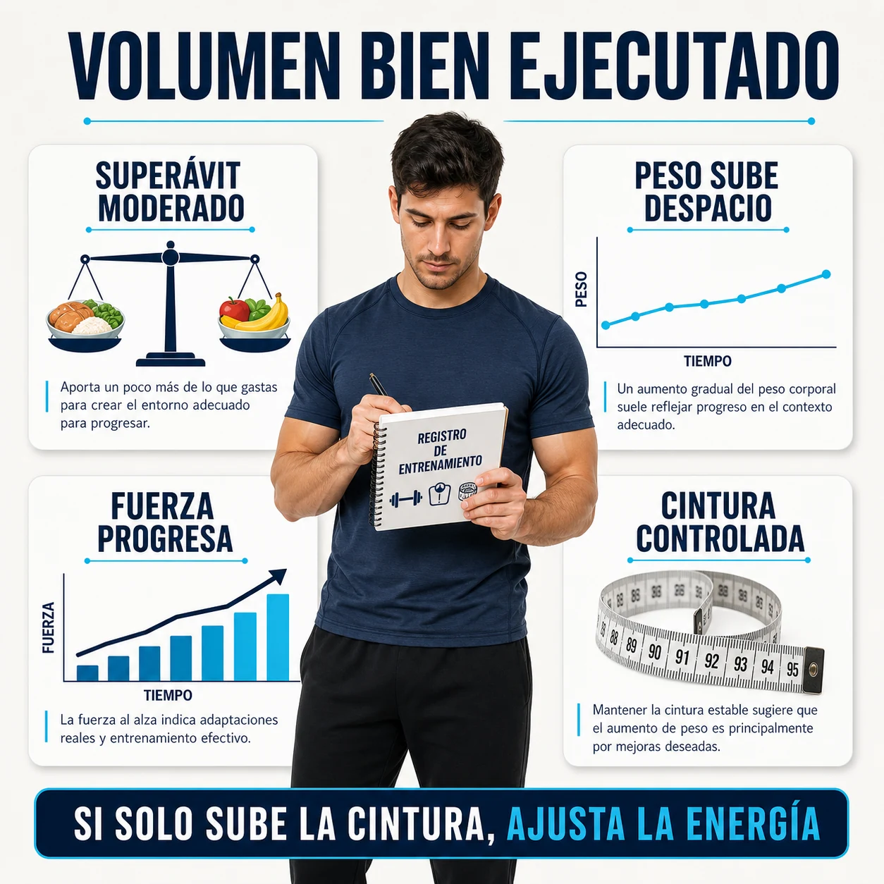 Indicadores de una fase de volumen bien ejecutada con superávit moderado y progresión de fuerza