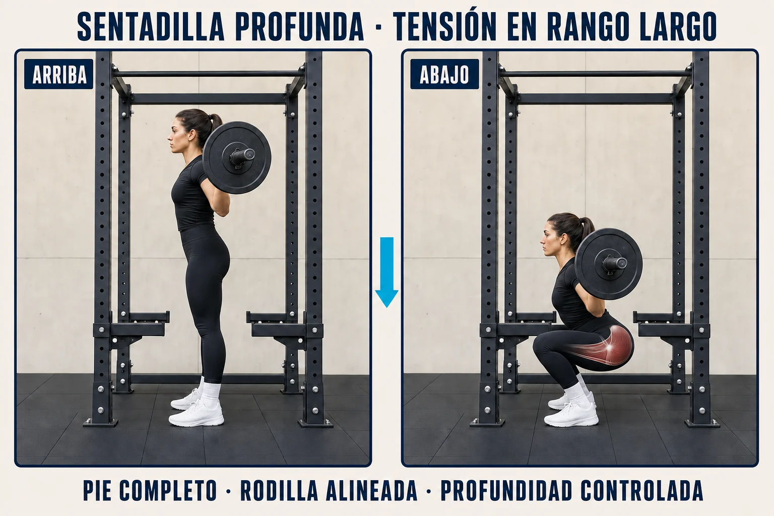Técnica de la sentadilla profunda para entrenar glúteos en rangos largos