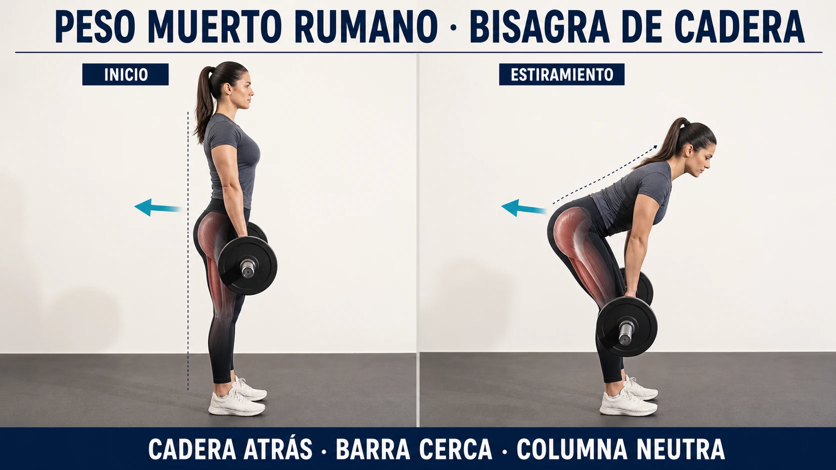 Técnica del peso muerto rumano con bisagra de cadera y columna neutra