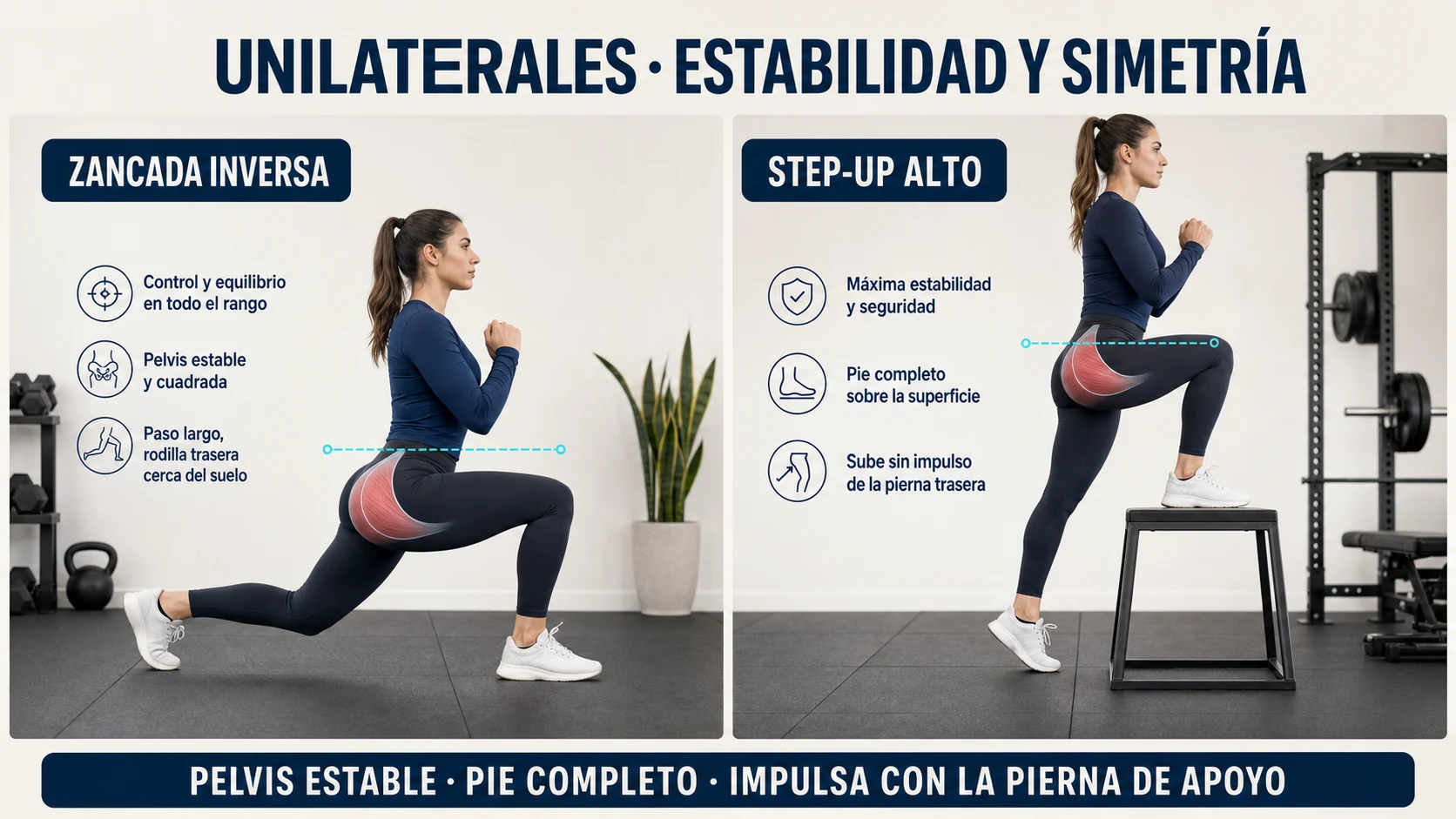 Zancada inversa y step-up alto para estabilidad y simetría de glúteos