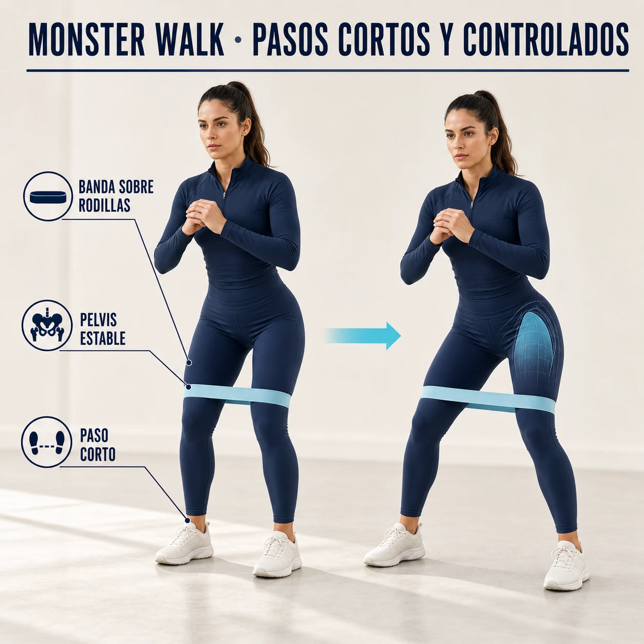Monster walk con banda sobre las rodillas y pasos cortos controlados