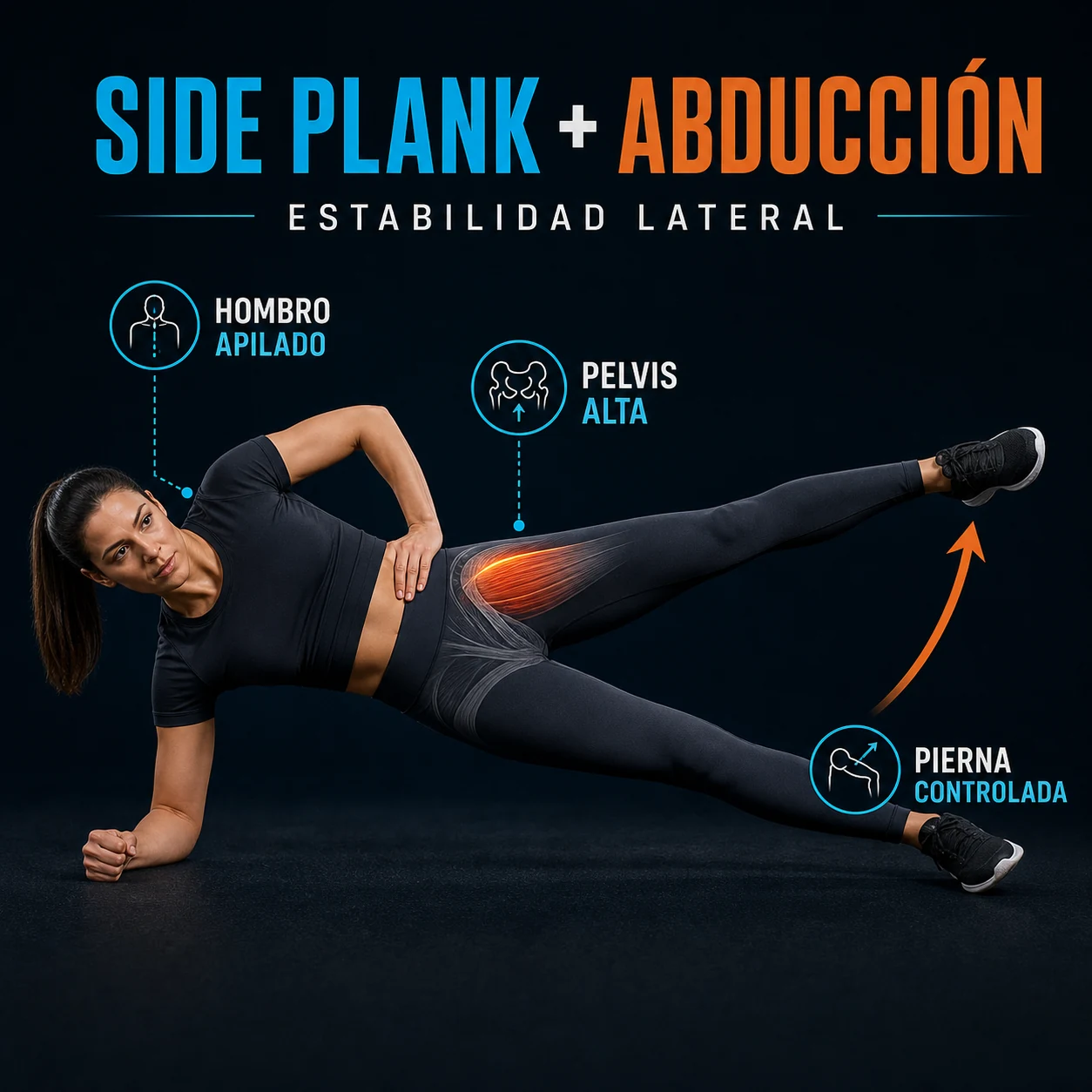 Side plank con abducción para estabilidad lateral y trabajo del glúteo medio
