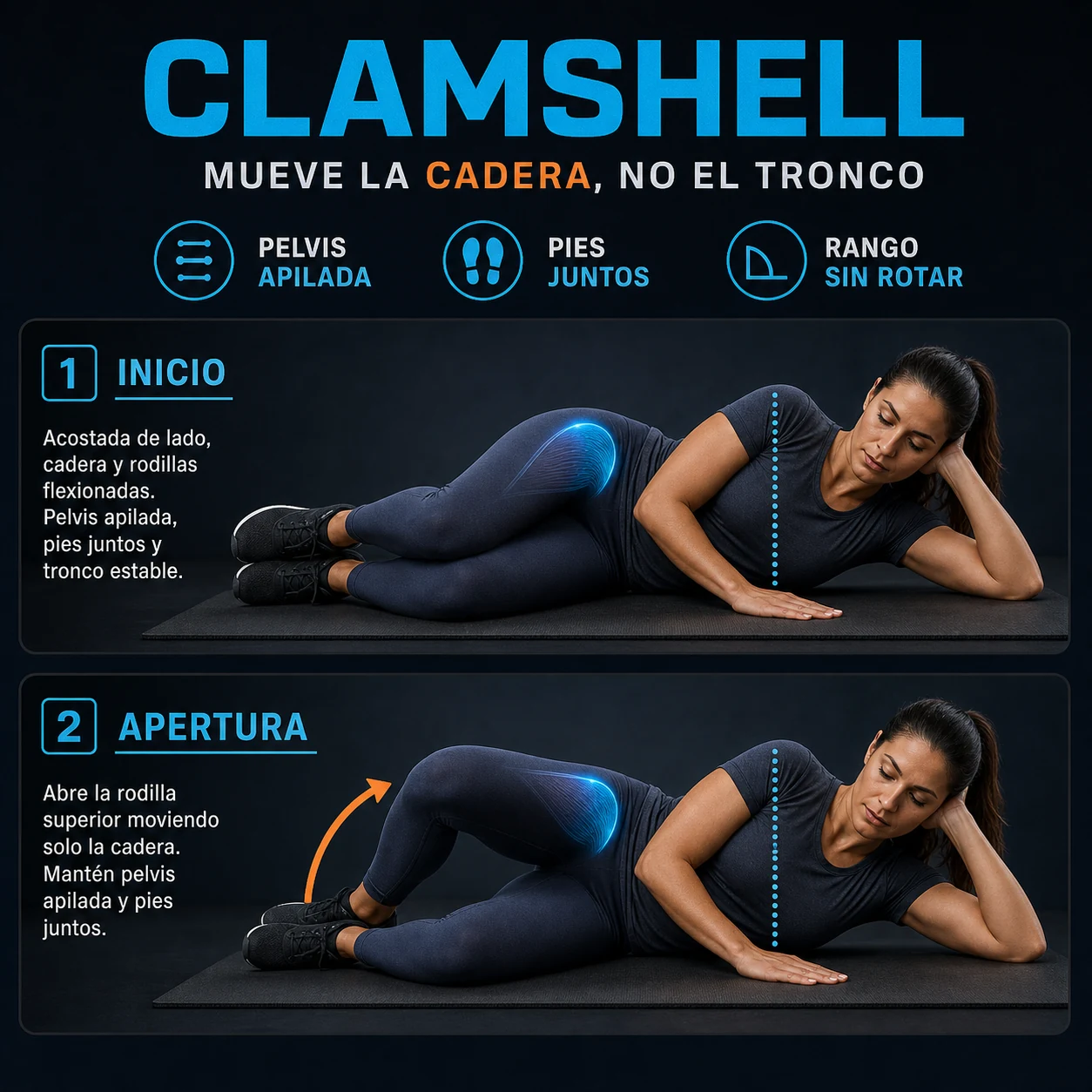 Técnica correcta del clamshell con pelvis apilada y pies juntos