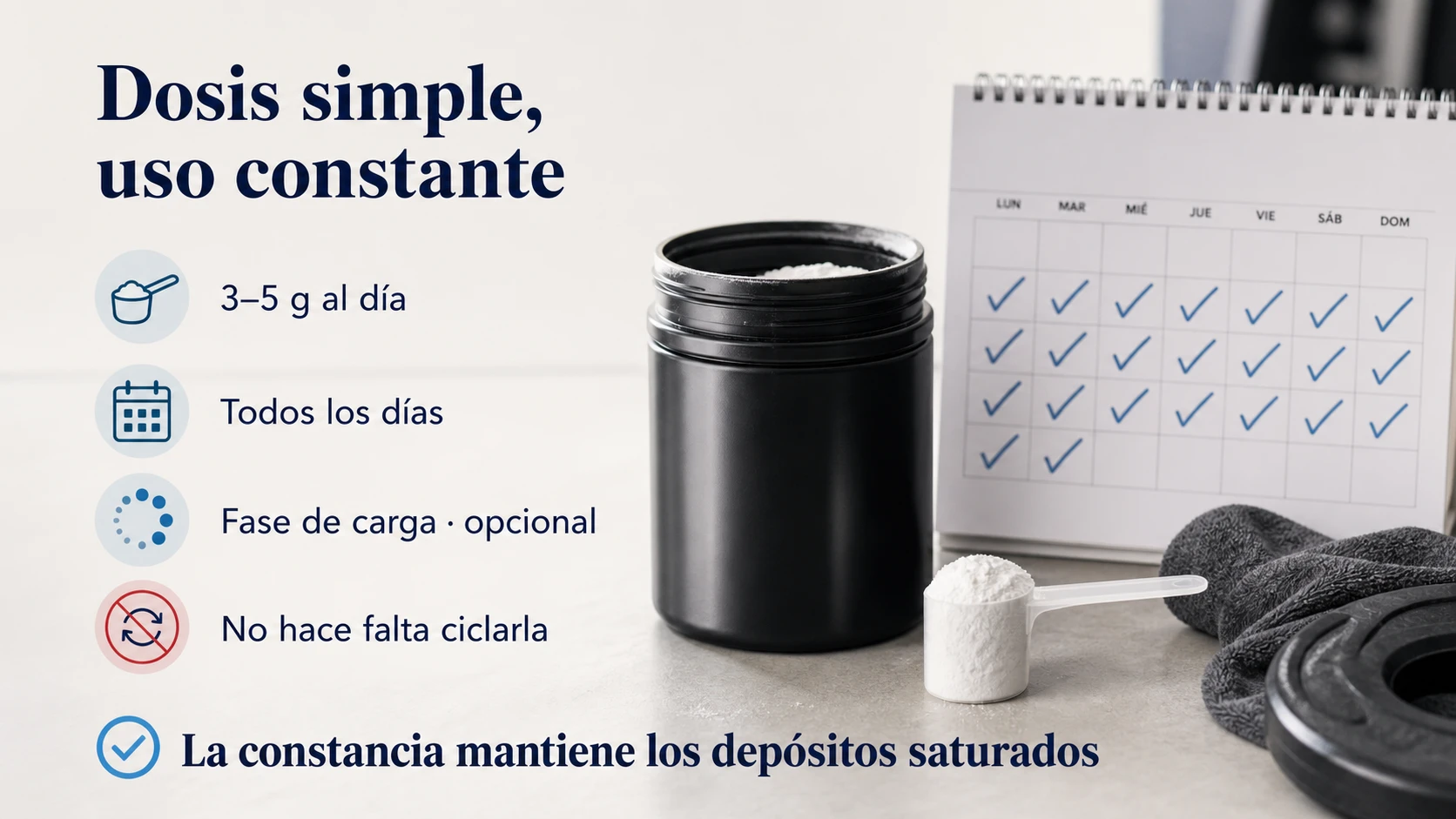 Dosis diaria de creatina monohidrato y comparación entre mantenimiento y fase de carga opcional