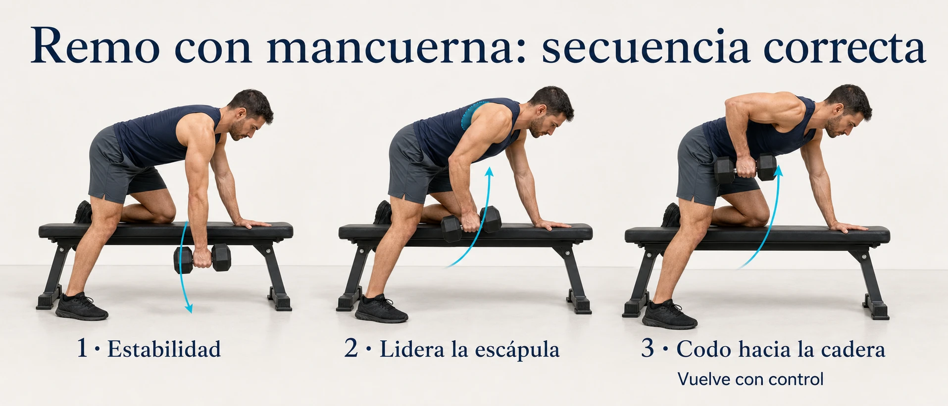 Técnica del remo con mancuerna desde la posición estable hasta la fase excéntrica