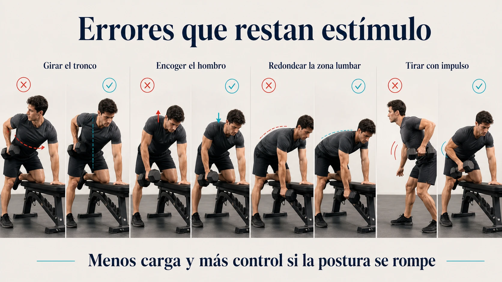 Errores frecuentes del remo con mancuerna y correcciones técnicas