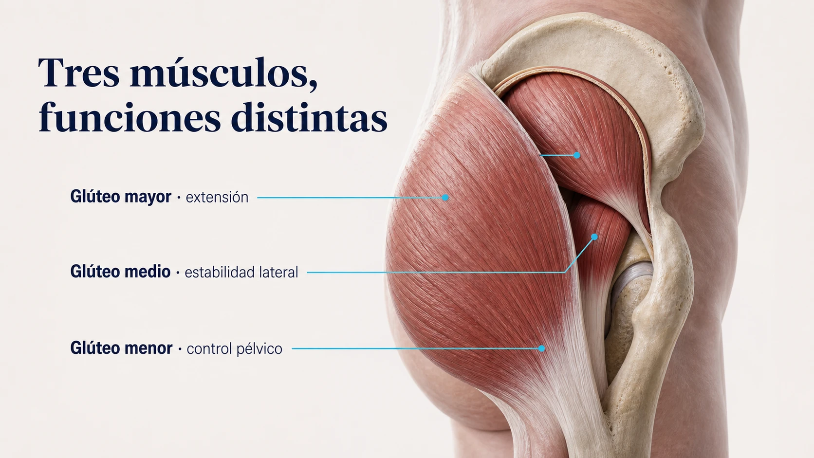 Anatomía del glúteo mayor, medio y menor con sus funciones principales
