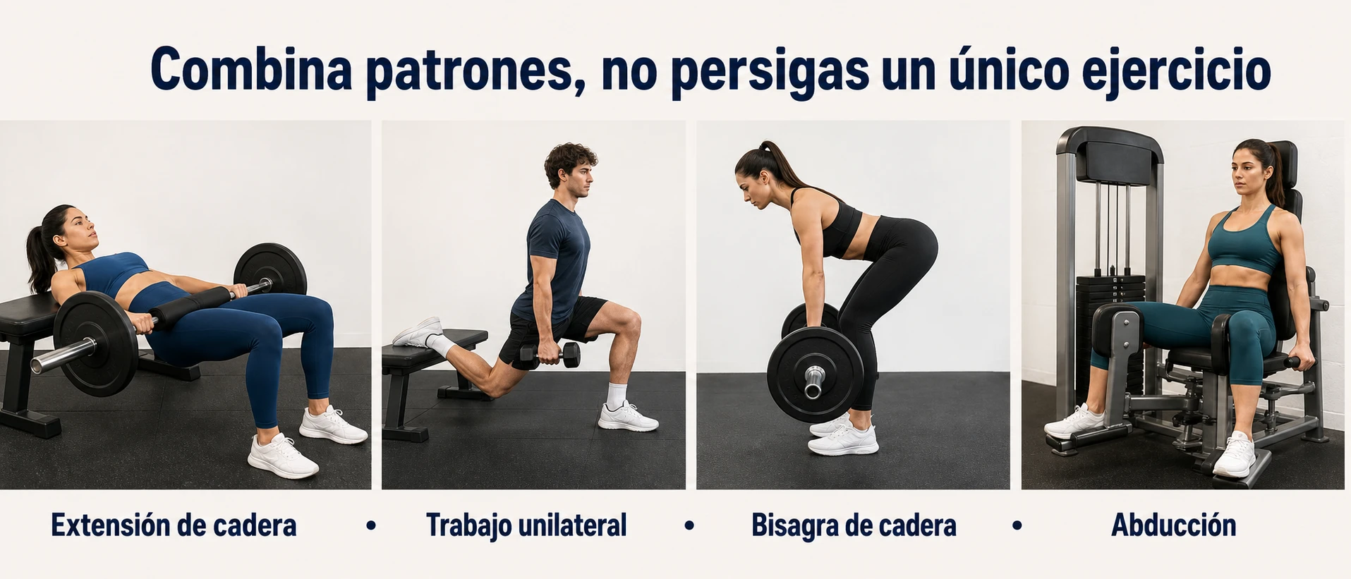 Ejercicios de glúteos que combinan extensión de cadera, trabajo unilateral y abducción