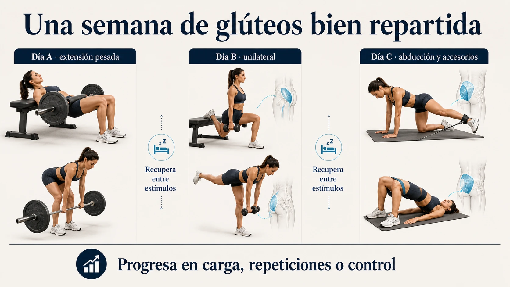 Organización semanal del entrenamiento de glúteos con sesiones complementarias y recuperación
