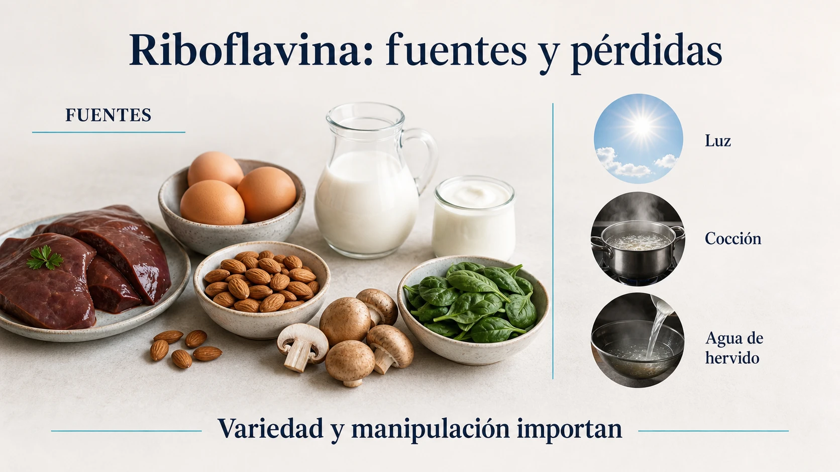 Fuentes alimentarias de vitamina B2 y factores que favorecen su pérdida