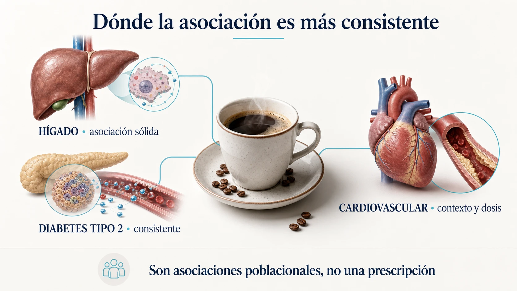Asociaciones del consumo moderado de café con salud hepática, diabetes y sistema cardiovascular