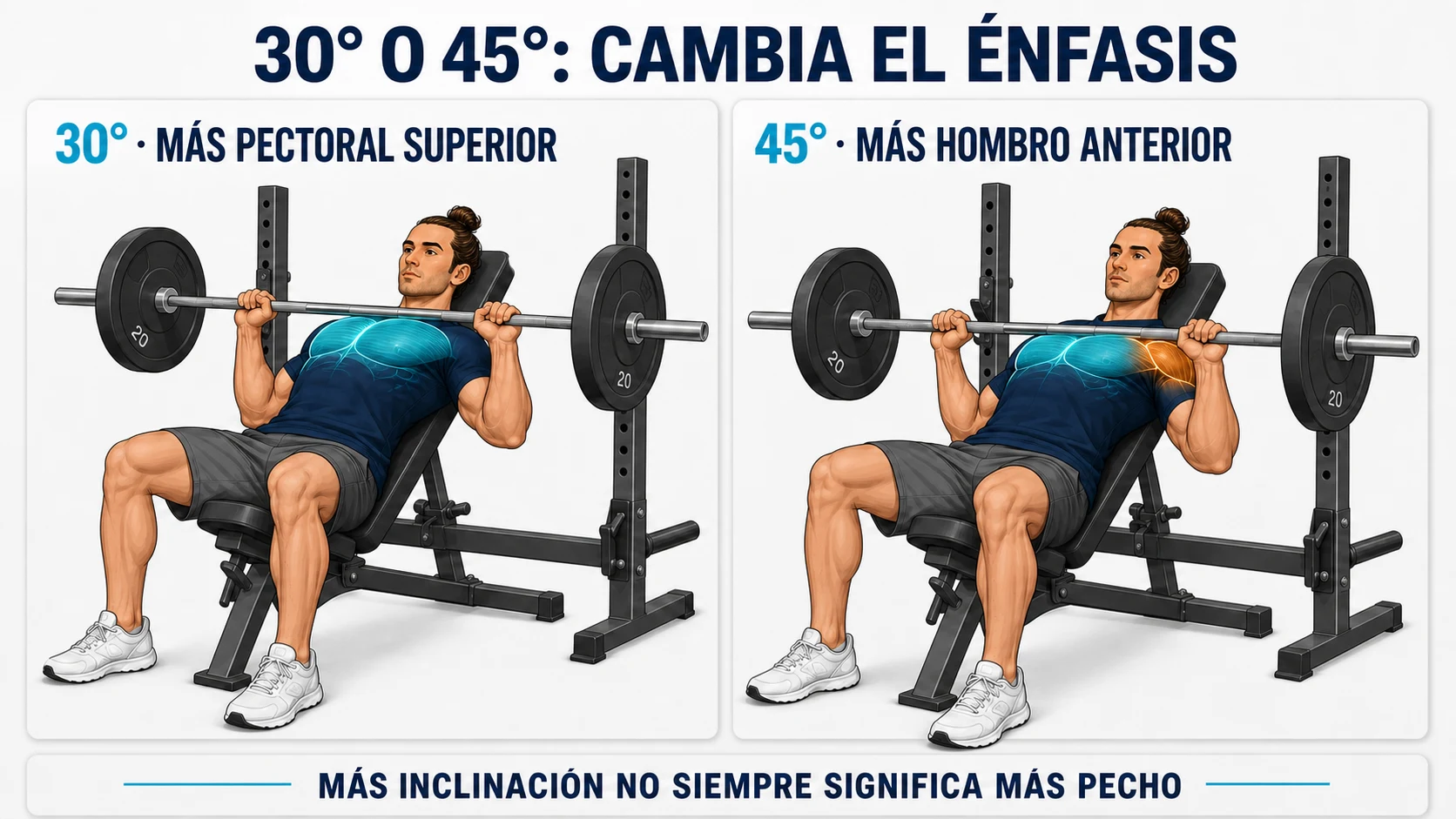 Comparación entre 30 y 45 grados en el press inclinado con barra y su efecto sobre pectoral superior y hombro anterior