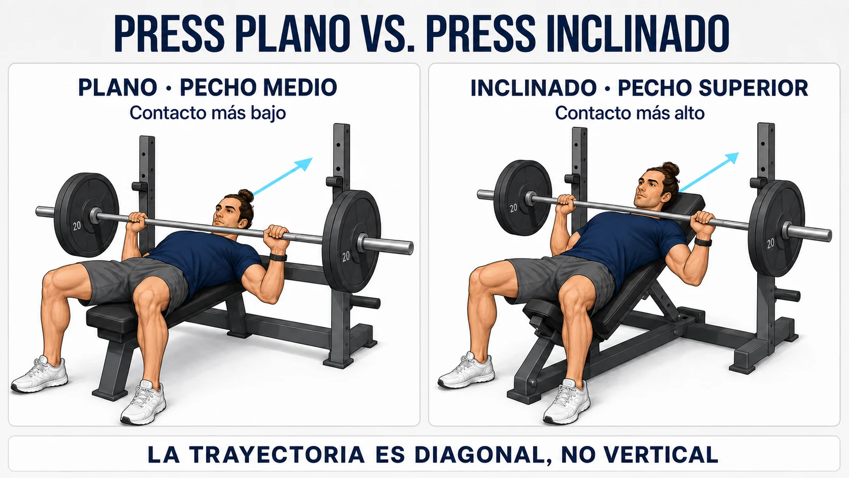 Diferencias de trayectoria y punto de contacto entre el press banca plano y el press inclinado con barra
