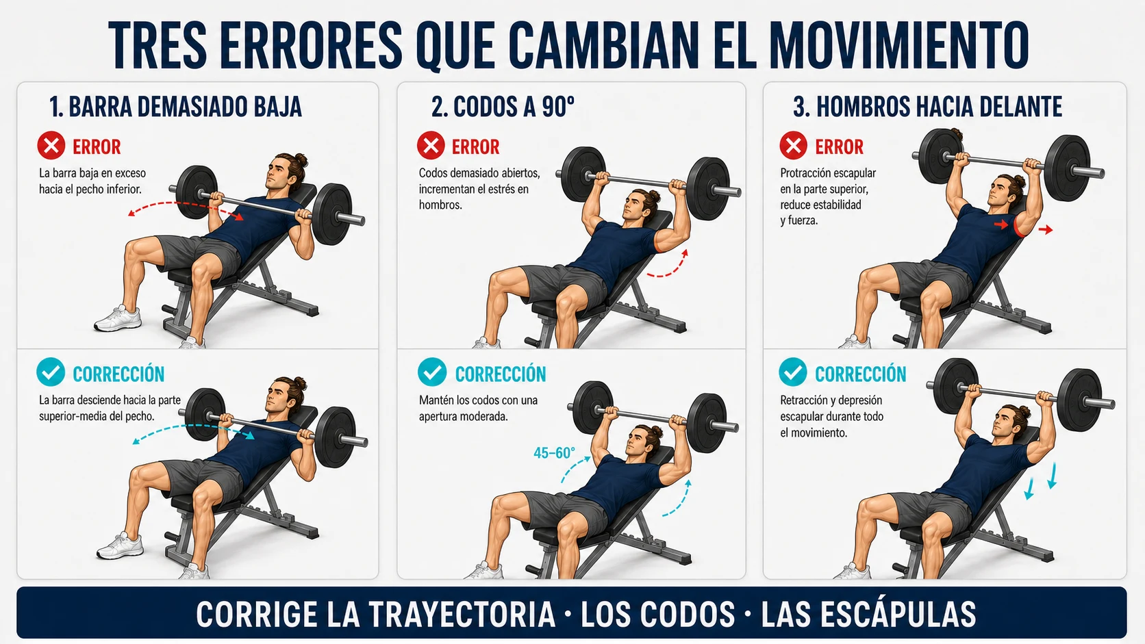 Errores de trayectoria, apertura de codos y posición escapular en el press inclinado con barra