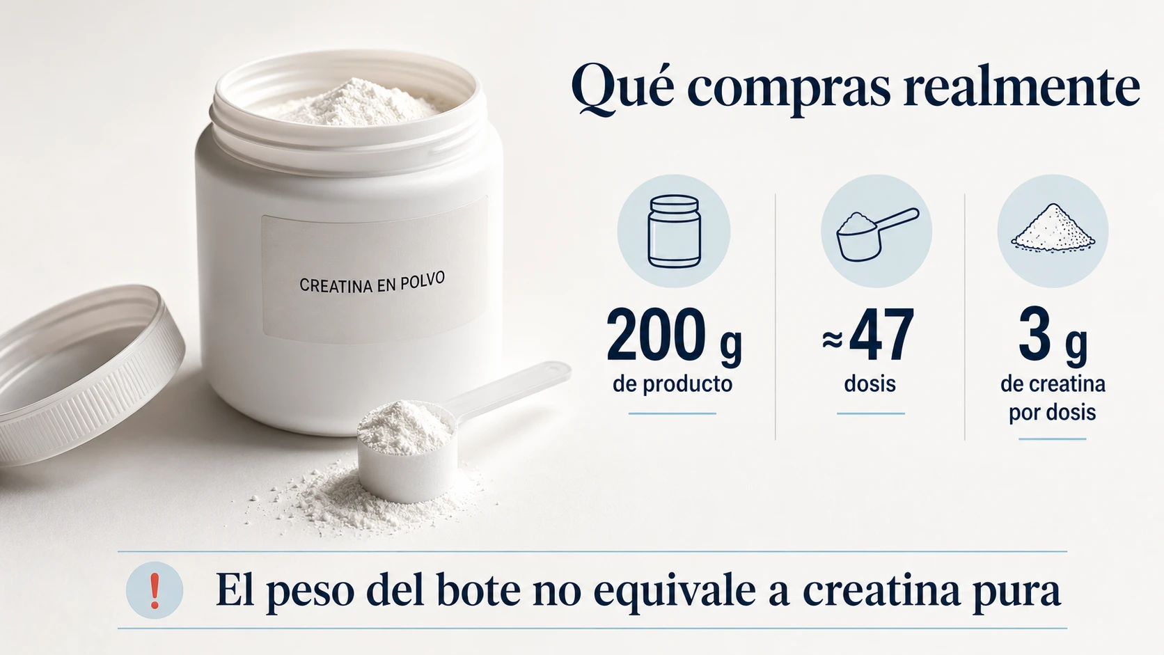 Bote genérico de 200 gramos con 47 dosis aproximadas y 3 gramos de creatina por dosis