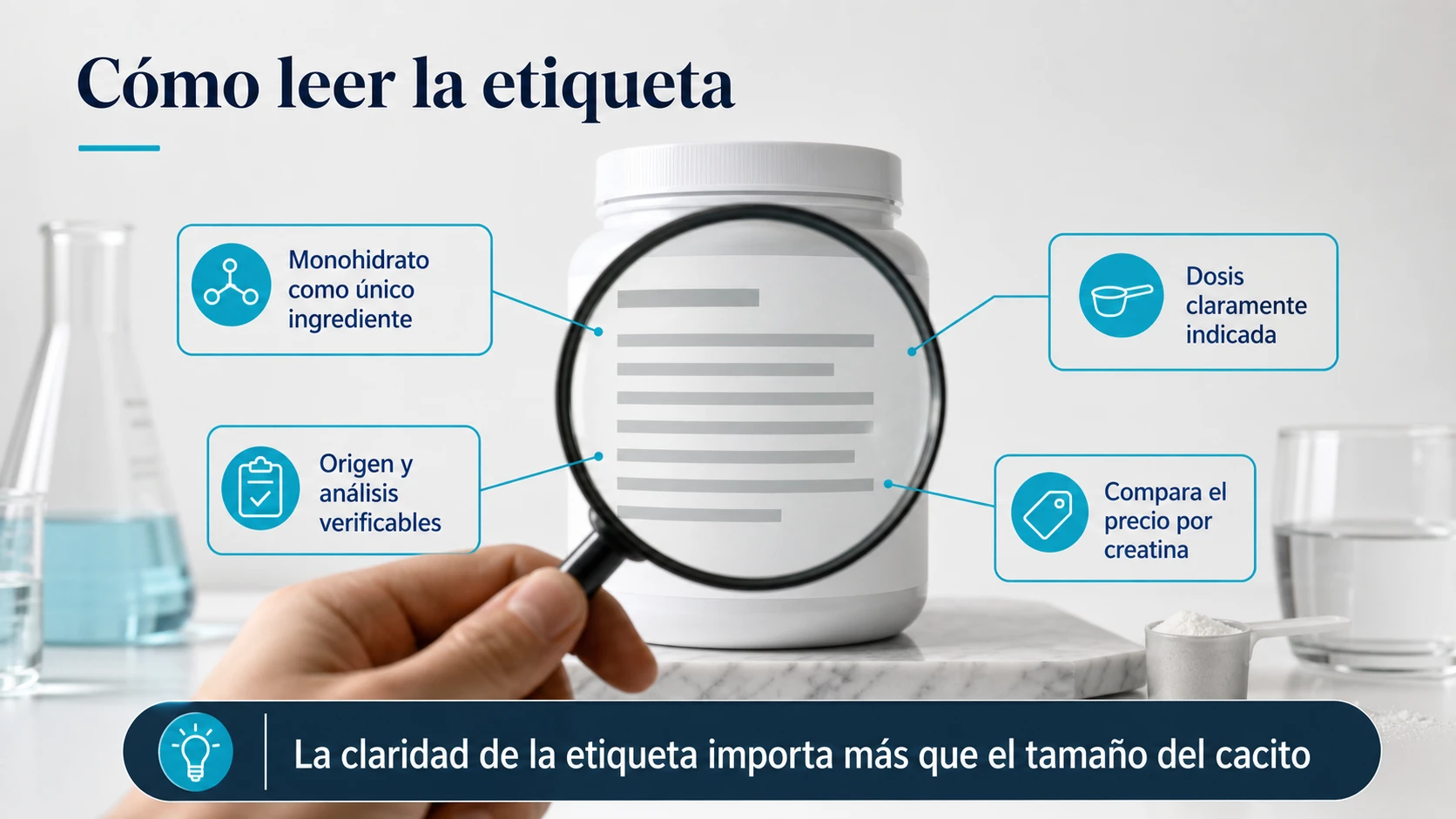 Criterios para revisar ingrediente, dosis, trazabilidad y precio en la etiqueta de una creatina