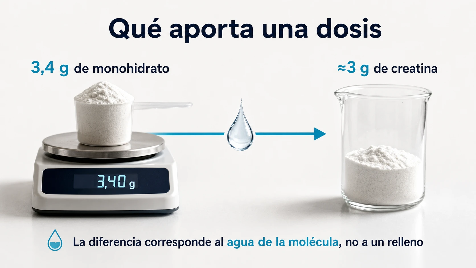 Una dosis de 3,4 gramos de monohidrato aporta aproximadamente 3 gramos de creatina