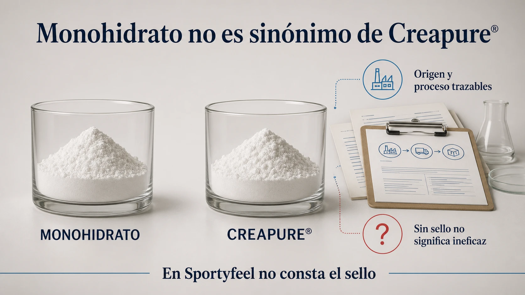 Creapure es monohidrato con origen y proceso trazables, pero su sello no consta en Sportyfeel