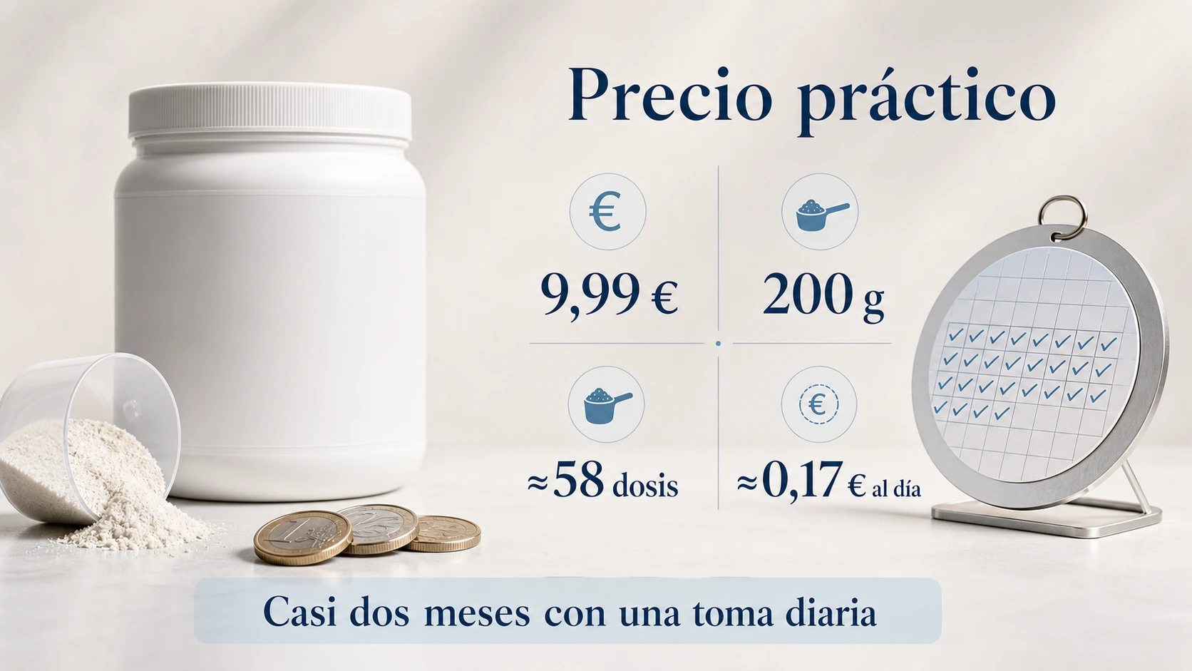 Bote de 200 gramos por 9,99 euros con unas 58 dosis y un coste diario aproximado de 0,17 euros