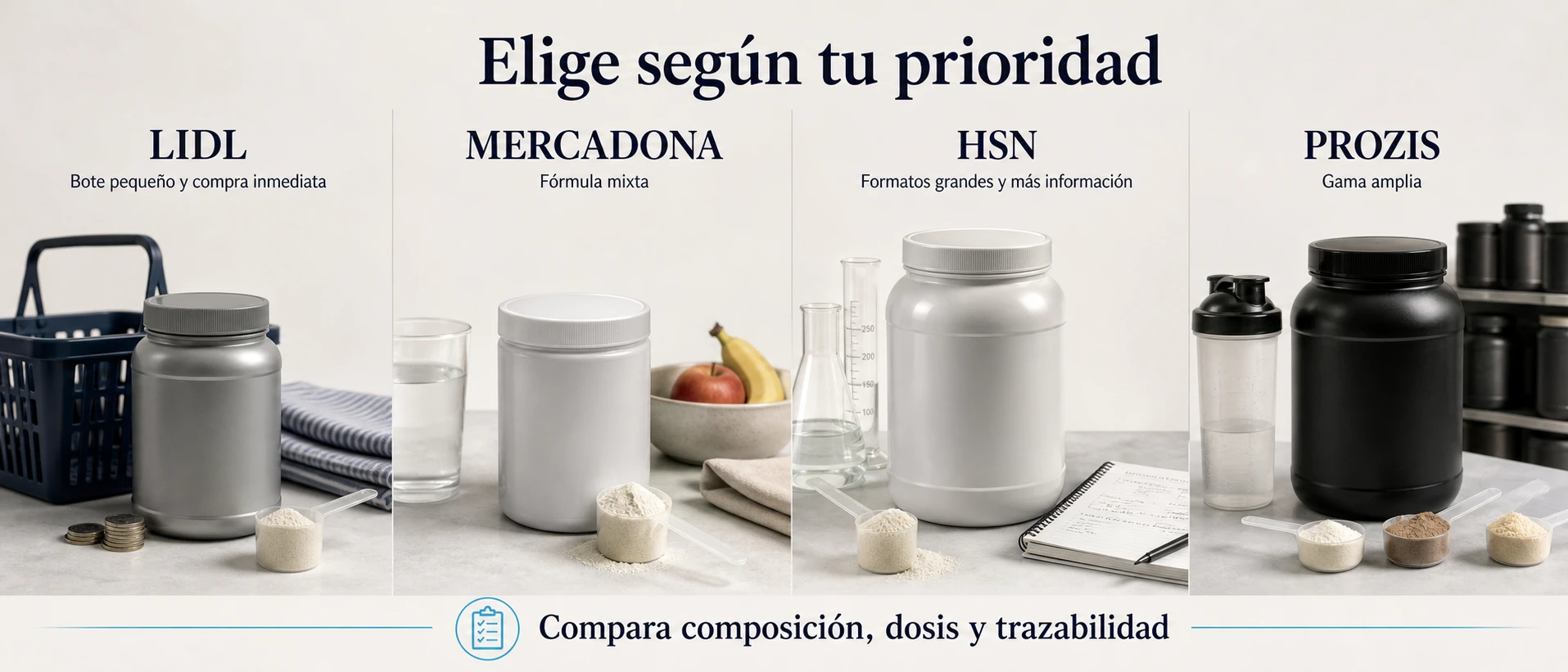 Comparación de Lidl, Mercadona, HSN y Prozis por formato, composición, información y variedad