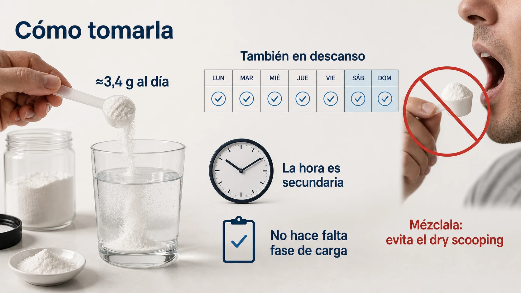 Pauta diaria de creatina con 3,4 gramos, también en descanso, sin necesidad de fase de carga