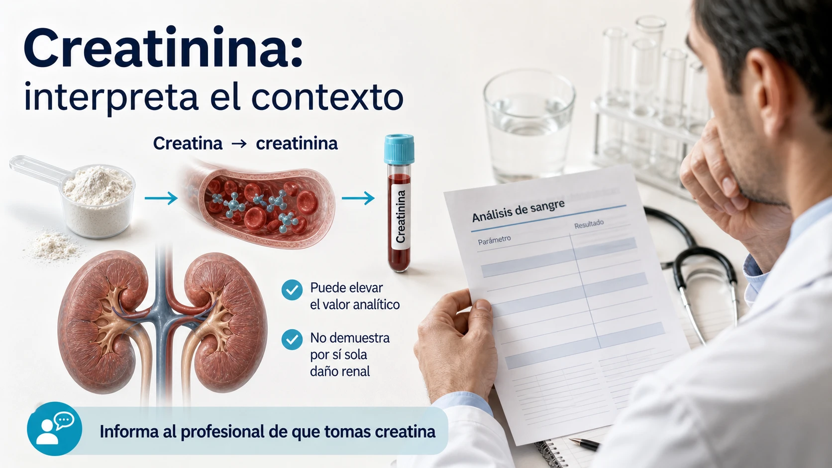 La creatina puede elevar la creatinina analítica sin demostrar por sí sola daño renal