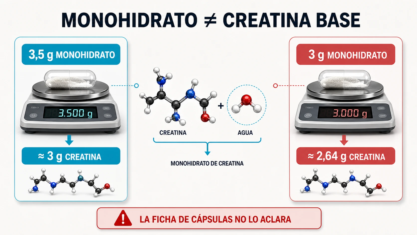 Diferencia entre monohidrato de creatina y creatina base en el etiquetado