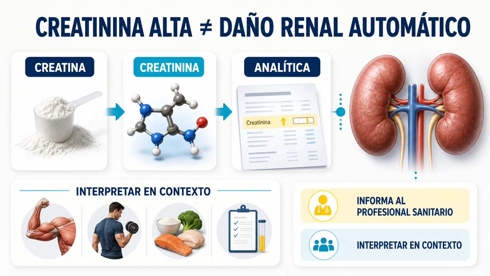 Relación entre creatina, creatinina, analítica y función renal interpretada en contexto