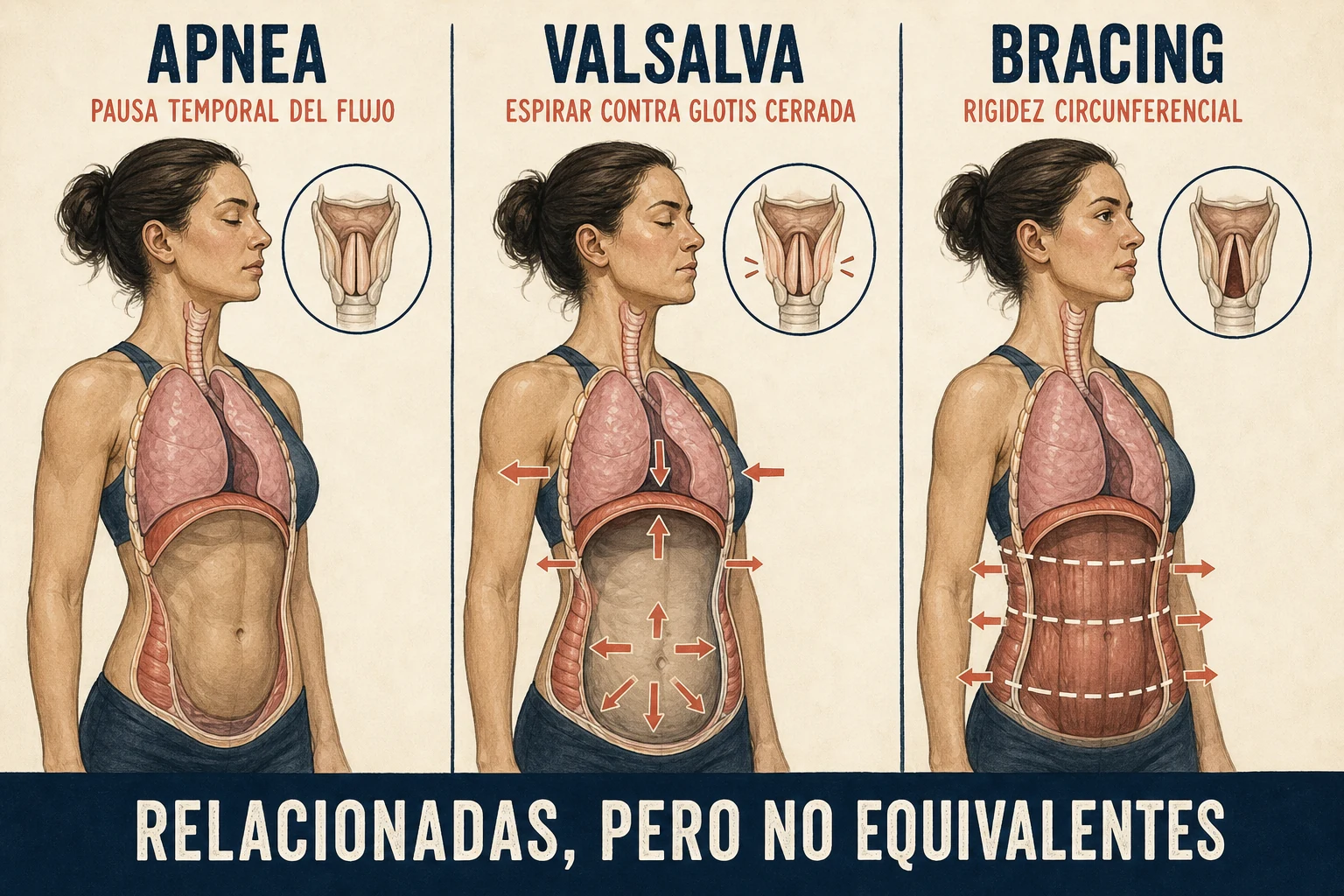 Ilustración de una mujer que compara apnea, maniobra de Valsalva y bracing abdominal